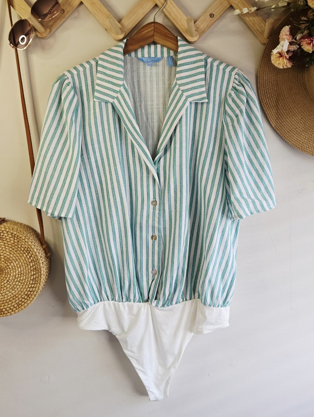 Draper James Green and White Striped Button-Front Bodysuit
